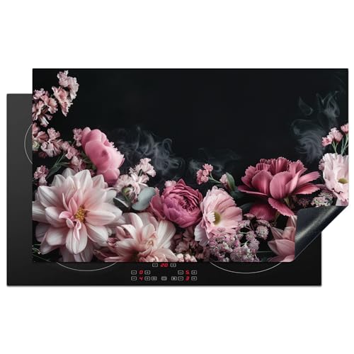KitchenYeah© Herdabdeckplatte Einteilig Ceranfeld Abdeckplatte Küche Deko Ceranfeldabdeckung Herdabdeckung Induktionsmatte Blumen - Rosa - Natur - Schwarz - 83x51 cm von KitchenYeah