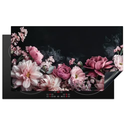 KitchenYeah© Herdabdeckplatte Einteilig Induktionsmatte Küche Abdeckung Induktionsschutzmatte Deko Vinyl Matte Aufrollbar Blumen - Rosa - Natur - Schwarz - 90x52 cm von KitchenYeah