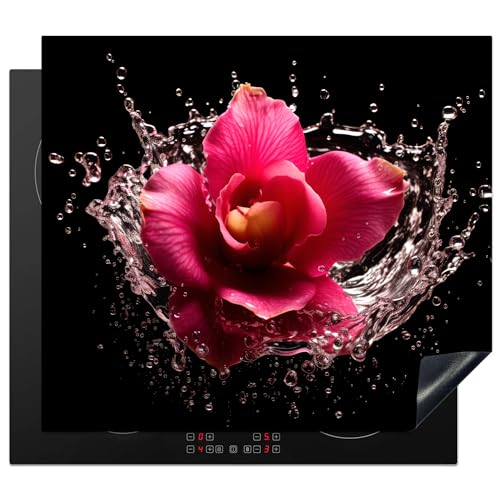 KitchenYeah© Herdabdeckplatte Einteilig Ceranfeld Abdeckplatte Küche Deko Ceranfeldabdeckung Herdabdeckung Induktionsmatte Blumen - Rosa - Wasser - Schwarz - Botanisch - Natur - 60x52 cm von KitchenYeah