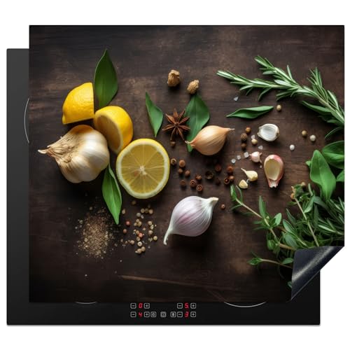 KitchenYeah© Herdabdeckplatte Einteilig Ceranfeld Abdeckplatte Küche Deko Ceranfeldabdeckung Herdabdeckung Induktionsmatte Gewürze - Zitrone - Früchte - Holzdruck - 60x52 cm von KitchenYeah