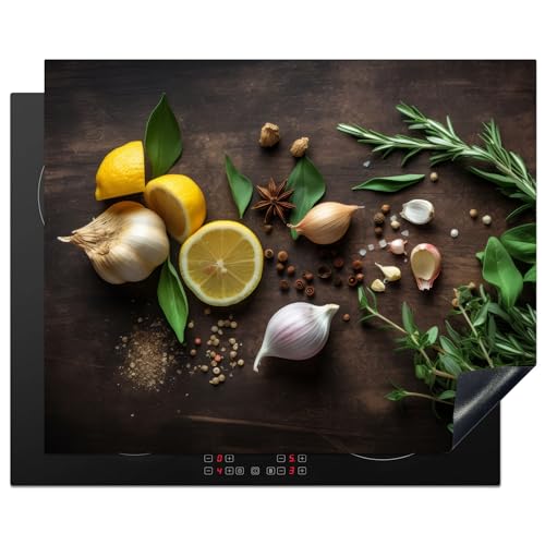 KitchenYeah© Herdabdeckplatte Einteilig Ceranfeld Abdeckplatte Küche Deko Ceranfeldabdeckung Herdabdeckung Induktionsmatte Gewürze - Zitrone - Früchte - Holzdruck - 65x52 cm von KitchenYeah