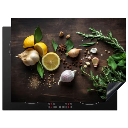 KitchenYeah© Herdabdeckplatte Einteilig Ceranfeld Abdeckplatte Küche Deko Ceranfeldabdeckung Herdabdeckung Induktionsmatte Gewürze - Zitrone - Früchte - Holzdruck - 70x52 cm von KitchenYeah