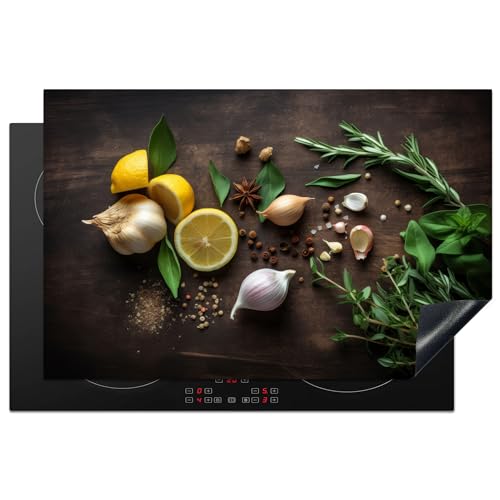 KitchenYeah© Herdabdeckplatte Einteilig Ceranfeld Abdeckplatte Küche Deko Ceranfeldabdeckung Herdabdeckung Induktionsmatte Gewürze - Zitrone - Früchte - Holzdruck - 81.6x52.7 cm von KitchenYeah