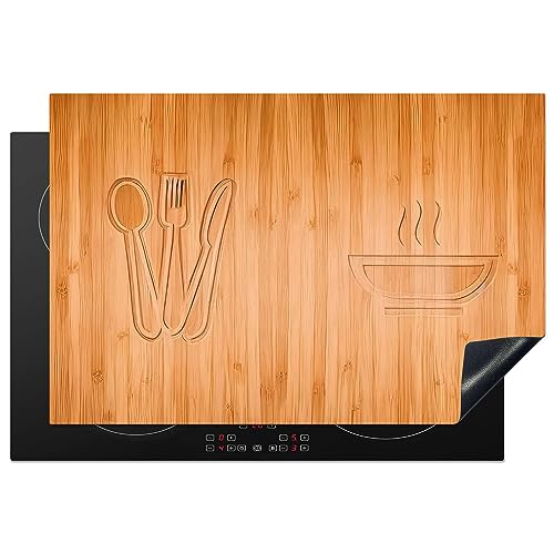 KitchenYeah© Herdabdeckplatte Einteilig Induktionsmatte Küche Abdeckung Induktionsschutzmatte Deko Vinyl Matte Aufrollbar Holz Druck - Besteck - Suppe - 76x51 cm von KitchenYeah