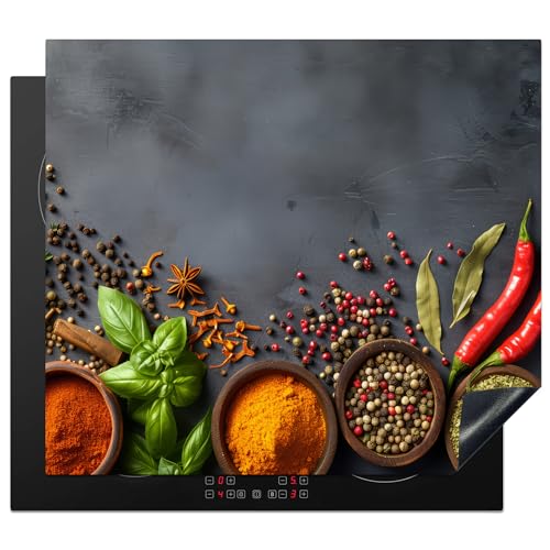 KitchenYeah© Herdabdeckplatte 57x51 cm Einteilig Induktionsmatte Küche Abdeckung Ceranfeld Herd Abdeckplatte Deko Vinyl Matte Aufrollbar Kräuter - Beton - Gewürze - Pfeffer von KitchenYeah
