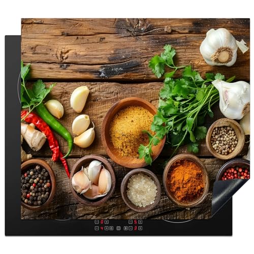 KitchenYeah© Herdabdeckplatte Induktion Schutzmatte Küche Herdabdeckung Ceranfeld Induktionsmatte Cerankochfeld Abdeckung Kräuter - Gewürze - Basilikum - Holzdruck - Knoblauch - 60x52 cm von KitchenYeah