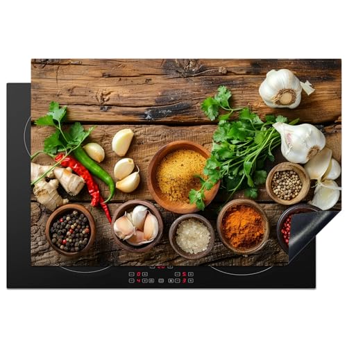 KitchenYeah© Herdabdeckplatte Induktion Schutzmatte Küche Herdabdeckung Ceranfeld Induktionsmatte Cerankochfeld Abdeckung Kräuter - Gewürze - Basilikum - Holzdruck - Knoblauch - 77x51 cm von KitchenYeah