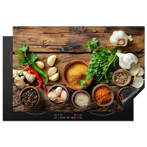 KitchenYeah© Herdabdeckplatte Induktion Schutzmatte Küche Herdabdeckung Ceranfeld Induktionsmatte Cerankochfeld Abdeckung Kräuter - Gewürze - Basilikum - Holzdruck - Knoblauch - 80x52 cm von KitchenYeah