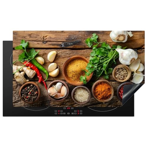 KitchenYeah© Herdabdeckplatte Induktion Schutzmatte Küche Herdabdeckung Ceranfeld Induktionsmatte Cerankochfeld Abdeckung Kräuter - Gewürze - Basilikum - Holzdruck - Knoblauch - 90x52 cm von KitchenYeah