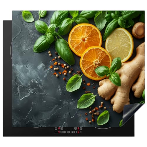 KitchenYeah© Herdabdeckplatte 58x51 cm Einteilig Induktionsmatte Küche Abdeckung Ceranfeld Herd Abdeckplatte Deko Vinyl Matte Aufrollbar Kräuter - Obst - Beton - Ingwer - Blätter von KitchenYeah