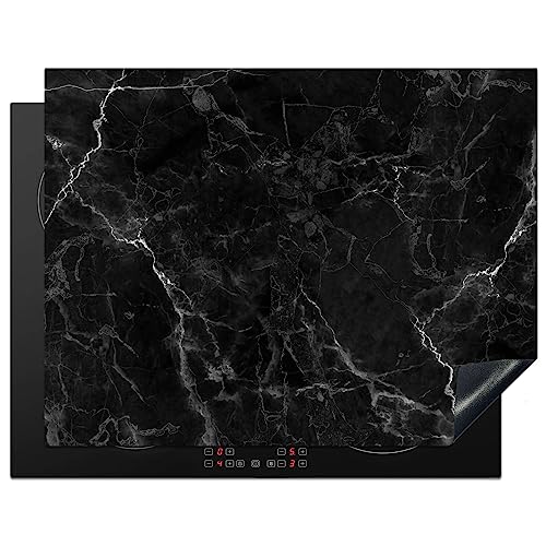 KitchenYeah© Herdabdeckplatte Einteilig Induktionsmatte Küche Abdeckung Ceranfeld Herd Abdeckplatte Deko Vinyl Matte Aufrollbar Marmor - Schwarz und Weiß - Dunkel - Muster - 77x59 cm von KitchenYeah