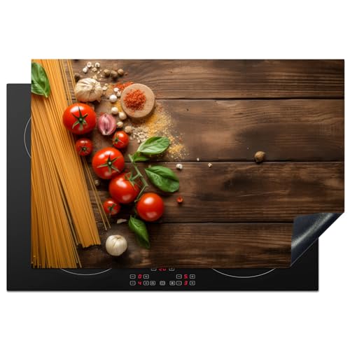 KitchenYeah© Herdabdeckplatte Einteilig Induktionsmatte Küche Abdeckung Ceranfeld Herd Abdeckplatte Deko Vinyl Matte Aufrollbar Spaghetti - Tomaten - Gewürze - Holzdruck - Nudeln - 76x51 cm von KitchenYeah