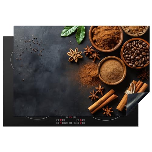 KitchenYeah© Herdabdeckplatte 76x51 cm Einteilig Induktionsmatte Küche Abdeckung Ceranfeld Herd Abdeckplatte Deko Vinyl Matte Aufrollbar Zimt - Beton - Kaffee - Zimtstangen - Gewürze von KitchenYeah