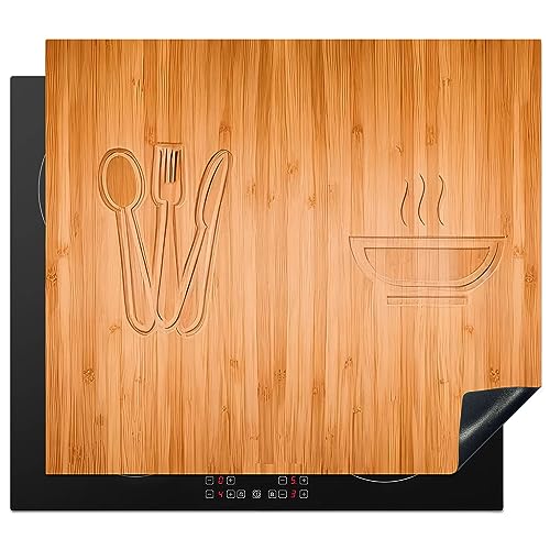 KitchenYeah© Herdabdeckplatte Einteilig Induktionsmatte Küche Abdeckung Ceranfeld Herd Abdeckplatte Deko Vinyl Matte Aufrollbar Holz Druck - Besteck - Suppe - 58x51 cm von KitchenYeah