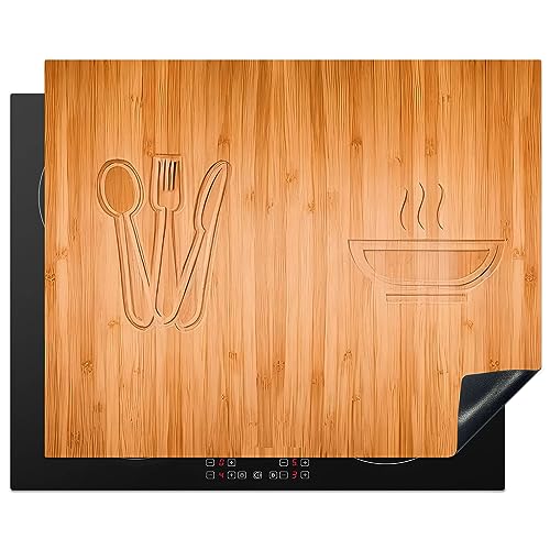 KitchenYeah© Herdabdeckplatte Einteilig Induktionsmatte Küche Abdeckung Induktionsschutzmatte Deko Vinyl Matte Aufrollbar Holz Druck - Besteck - Suppe - 65x52 cm von KitchenYeah