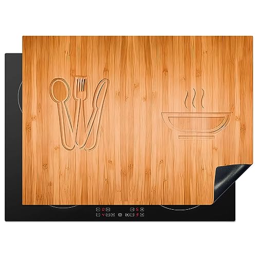 KitchenYeah© Herdabdeckplatte Einteilig Induktionsmatte Küche Abdeckung Induktionsschutzmatte Deko Vinyl Matte Aufrollbar Holz Druck - Besteck - Suppe - 70x52 cm von KitchenYeah