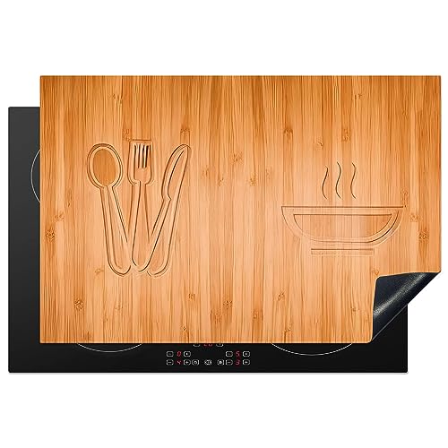 KitchenYeah© Herdabdeckplatte Einteilig Induktionsmatte Küche Abdeckung Ceranfeld Herd Abdeckplatte Deko Vinyl Matte Aufrollbar Holz Druck - Besteck - Suppe - 78x52 cm von KitchenYeah