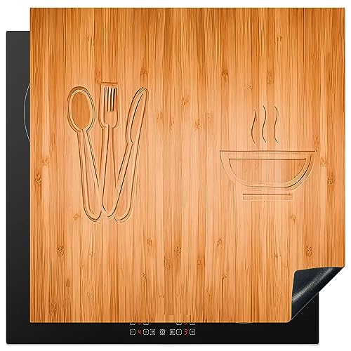 KitchenYeah© Herdabdeckplatte Einteilig Induktionsmatte Küche Abdeckung Induktionsschutzmatte Deko Vinyl Matte Aufrollbar Holz Druck - Besteck - Suppe - 78x78 cm von KitchenYeah