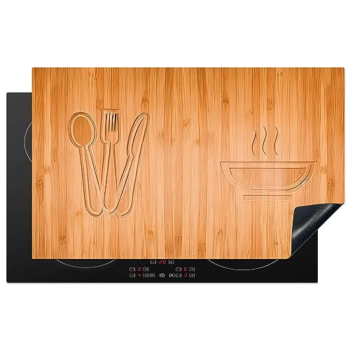 KitchenYeah© Herdabdeckplatte Einteilig Induktionsmatte Küche Abdeckung Induktionsschutzmatte Deko Vinyl Matte Aufrollbar Holz Druck - Besteck - Suppe - 85x52 cm von KitchenYeah