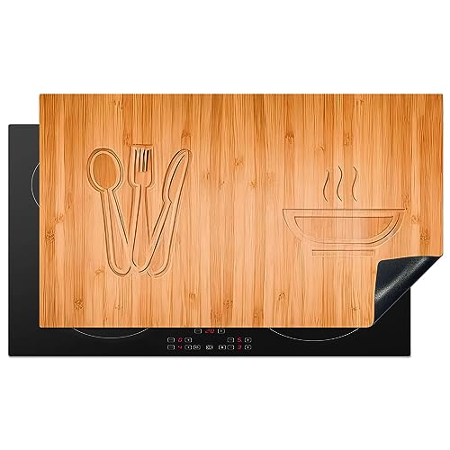 KitchenYeah© Herdabdeckplatte Einteilig Induktionsmatte Küche Abdeckung Ceranfeld Herd Abdeckplatte Deko Vinyl Matte Aufrollbar Holz Druck - Besteck - Suppe - 91.2x52 cm von KitchenYeah
