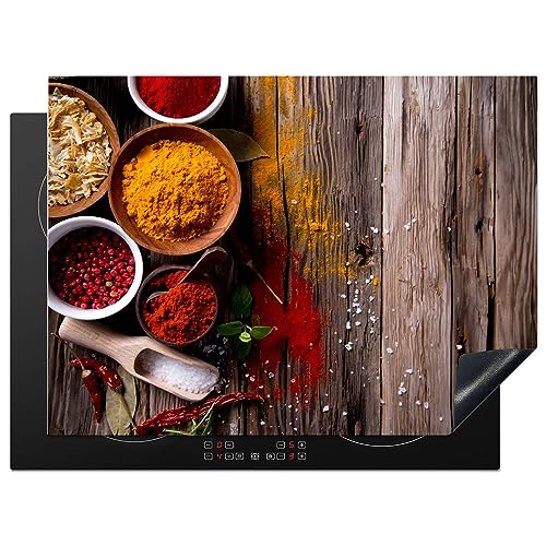 KitchenYeah© Herdabdeckplatte Einteilig Induktionsmatte Küche Abdeckung Induktionsschutzmatte Deko Vinyl Matte Aufrollbar Kräuter - Gewürze - Holz - Braun - 70x52 cm von KitchenYeah