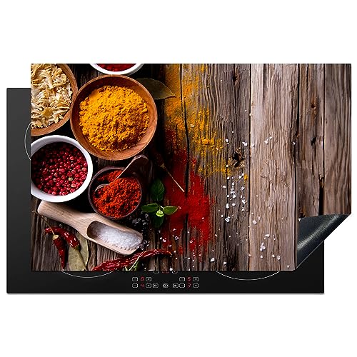 KitchenYeah© Herdabdeckplatte Einteilig Induktionsmatte Küche Abdeckung Induktionsschutzmatte Deko Vinyl Matte Aufrollbar Kräuter - Gewürze - Holz - Braun - 81x52 cm von KitchenYeah