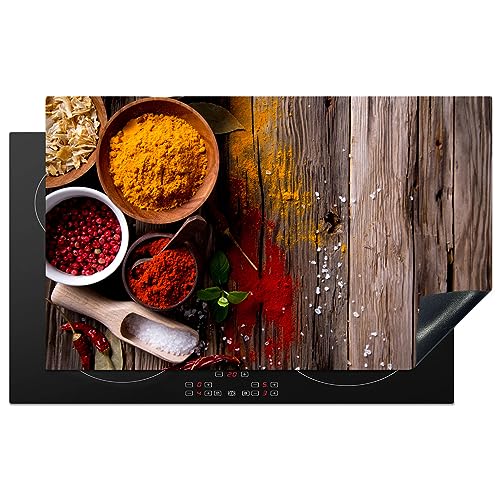 KitchenYeah© Herdabdeckplatte Einteilig Induktionsmatte Küche Abdeckung Induktionsschutzmatte Deko Vinyl Matte Aufrollbar Kräuter - Gewürze - Holz - Braun - 85x52 cm von KitchenYeah