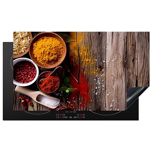 KitchenYeah© Herdabdeckplatte Einteilig Induktionsmatte Küche Abdeckung Induktionsschutzmatte Deko Vinyl Matte Aufrollbar Kräuter - Gewürze - Holz - Braun - 91.6x52.7 cm von KitchenYeah