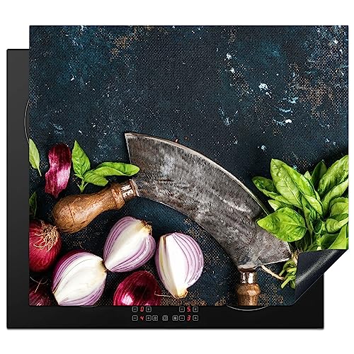 KitchenYeah© Herdabdeckplatte Einteilig Küche Abdeckplatte für Ceranfeld Abdeckung Induktionskochfeld Platte Aufrollbare Matte Gemüse - Kräuter - Wiegemesser - Zwiebel - Gewürze - 59x52 cm von KitchenYeah