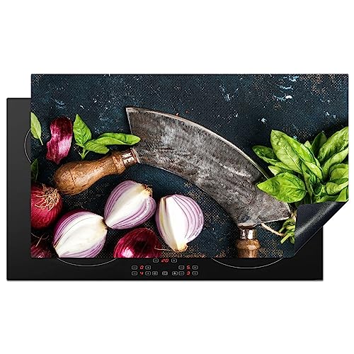 KitchenYeah© Herdabdeckplatte Einteilig Küche Abdeckplatte für Ceranfeld Abdeckung Induktionskochfeld Platte Aufrollbare Matte Gemüse - Kräuter - Wiegemesser - Zwiebel - Gewürze - 90x52 cm von KitchenYeah