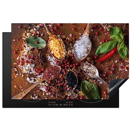 KitchenYeah© Herdabdeckplatte Einteilig Herdabdeckung Abdeckplatte für Ceranfeld Abdeckung Induktionskochfeld Aufrollbare Matte Gewürze - Kräuter - Löffel - Salz - Braun - Lebensmittel - 80x52 cm von KitchenYeah
