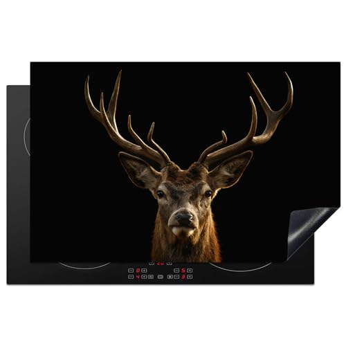 KitchenYeah© Herdabdeckplatte Einteilig Küche Herdabdeckung Induktionsfeld Ceranfeld Herdabdeckplatten Vinyl Matte Aufrollbar Hirsch - Geweih - Tier - Braun - Schwarz - 80x52 cm von KitchenYeah
