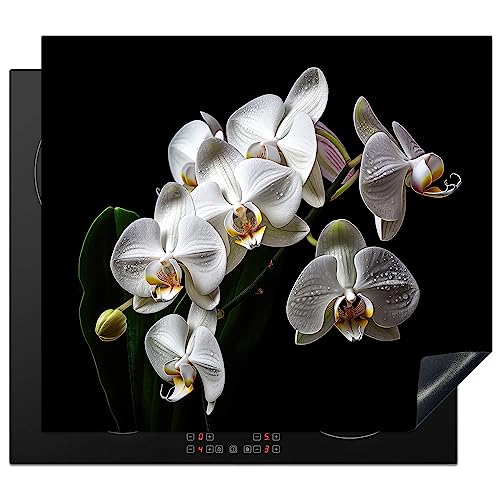 KitchenYeah© Herdabdeckplatte Einteilig Küche Abdeckplatte für Ceranfeld Abdeckung Induktionskochfeld Platte Aufrollbare Matte Orchidee - Blumen - Weiß - Natur - Schwarz und Weiß - 60x52 cm von KitchenYeah