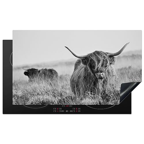 KitchenYeah© Herdabdeckplatte Einteilig Ceranfeld Abdeckplatte Küche Deko Ceranfeldabdeckung Herdabdeckung Induktionsmatte Schottisches Hochlandrind - Kuh - Grau - Hörner - Fell - Natur - 91.6x52.7 cm von KitchenYeah