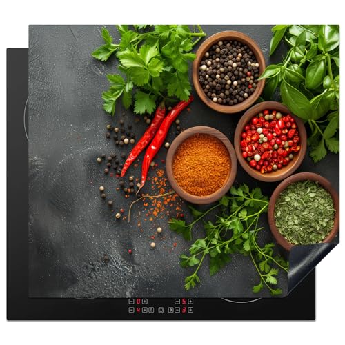 KitchenYeah© Herdabdeckplatte 57x51 cm Einteilig Herdabdeckung Abdeckplatte für Ceranfeld Abdeckung Induktionskochfeld Aufrollbare Matte Kräuter - Beton - Chilischoten - Pflanzen - Gewürze von KitchenYeah