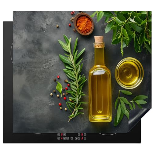 KitchenYeah© Herdabdeckplatte 59x52 cm Einteilig Herdabdeckung Abdeckplatte für Ceranfeld Abdeckung Induktionskochfeld Aufrollbare Matte Olivenöl - Beton - Blätter - Kräuter - Pfeffer von KitchenYeah