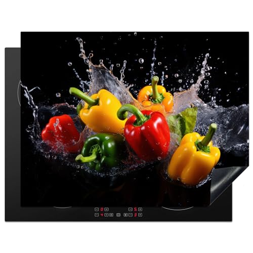 KitchenYeah© Herdabdeckplatte Einteilig Herdabdeckung Abdeckplatte für Ceranfeld Abdeckung Induktionskochfeld Aufrollbare Matte Süßer Pfeffer - Schwarz - Wasser - Gemüse - Rot - Gelb - 77x59 cm von KitchenYeah