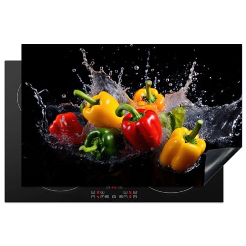 KitchenYeah© Herdabdeckplatte Einteilig Herdabdeckung Abdeckplatte für Ceranfeld Abdeckung Induktionskochfeld Aufrollbare Matte Süßer Pfeffer - Schwarz - Wasser - Gemüse - Rot - Gelb - 80x52 cm von KitchenYeah