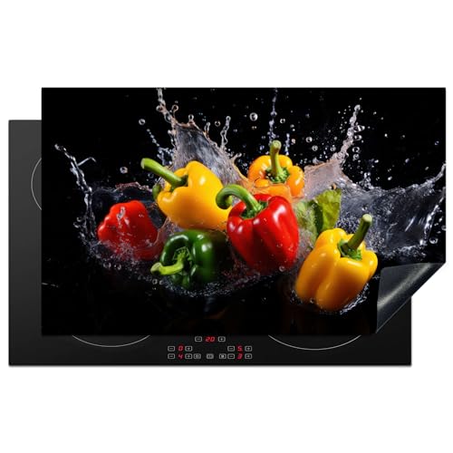 KitchenYeah© Herdabdeckplatte Einteilig Herdabdeckung Abdeckplatte für Ceranfeld Abdeckung Induktionskochfeld Aufrollbare Matte Süßer Pfeffer - Schwarz - Wasser - Gemüse - Rot - Gelb - 85x52 cm von KitchenYeah