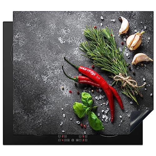 KitchenYeah© Herdabdeckplatte Einteilig Küche Ceranfeld Abdeckplatte Cerankochfeld Abdeckung Induktionskochfeld Schutzmatte Pfeffer - Kräuter - Gewürze - Beton - 58x51 cm von KitchenYeah