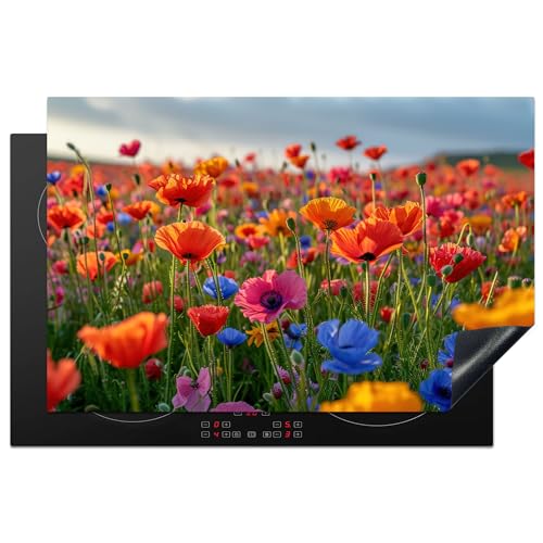 KitchenYeah© Herdabdeckplatte Einteilig Küche Abdeckplatten für Herd Abdeckung Induktionskochfeld Ceranfeld Aufrollbare Matte Blumen - Mohnblumen - Blumenfeld - Pflanzen - Frühling - 81x52 cm von KitchenYeah