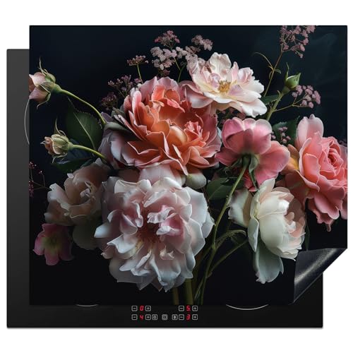 KitchenYeah© Herdabdeckplatte Einteilig Küche Ceranfeld Abdeckplatte Cerankochfeld Abdeckung Induktionskochfeld Schutzmatte Blumen - Rosen - Weiß - Rosa - Botanisch - Pflanzen - 58x51 cm von KitchenYeah
