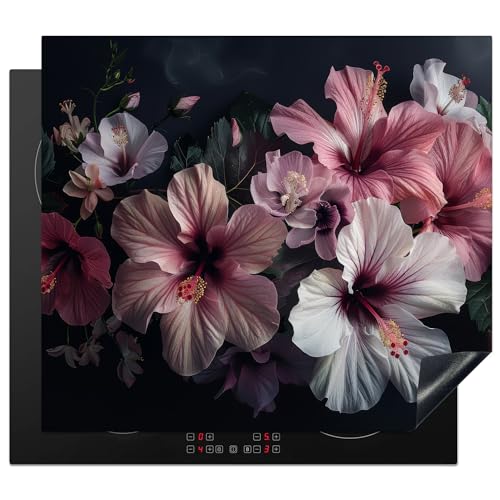 KitchenYeah© Herdabdeckplatte Einteilig Küche Abdeckplatten für Herd Abdeckung Induktionskochfeld Ceranfeld Aufrollbare Matte Hibiskus - Blumen - Rosa - Blatt - Stilleben - Natur - 57x51 cm von KitchenYeah