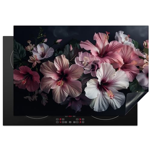 KitchenYeah© Herdabdeckplatte Einteilig Küche Abdeckplatten für Herd Abdeckung Induktionskochfeld Ceranfeld Aufrollbare Matte Hibiskus - Blumen - Rosa - Blatt - Stilleben - Natur - 76x51 cm von KitchenYeah