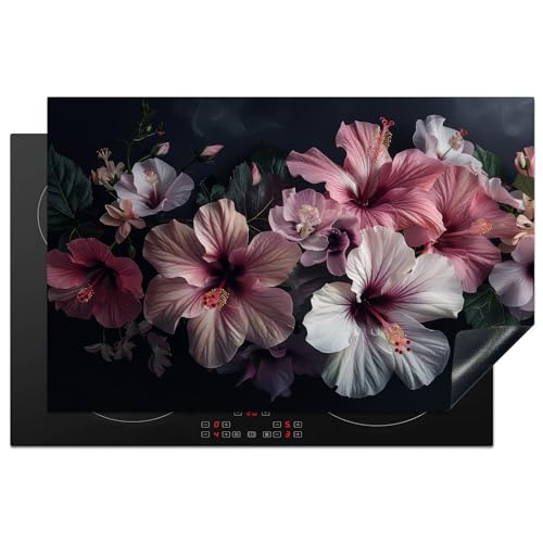 KitchenYeah© Herdabdeckplatte Einteilig Küche Abdeckplatten für Herd Abdeckung Induktionskochfeld Ceranfeld Aufrollbare Matte Hibiskus - Blumen - Rosa - Blatt - Stilleben - Natur - 81.6x52.7 cm von KitchenYeah