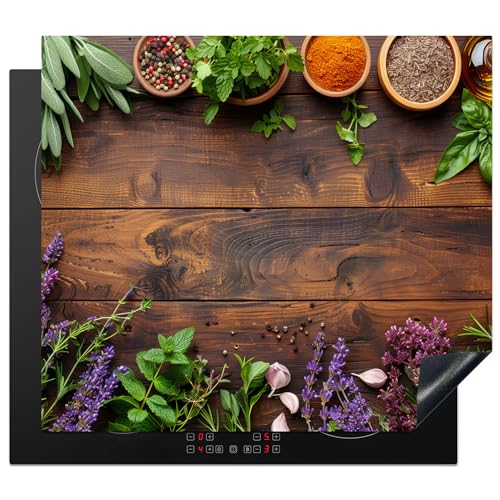 KitchenYeah© Herdabdeckplatte Einteilig Küche Abdeckplatten für Herd Abdeckung Induktionskochfeld Ceranfeld Aufrollbare Matte Lavendel - Blumen - Kräuter - Gewürze - Holzschnitt - 59x51 cm von KitchenYeah