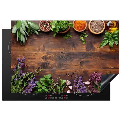 KitchenYeah© Herdabdeckplatte Einteilig Abdeckplatten Cerankochfeld Abdeckung Ceranfeld Herdplattenabdeckung Induktionsmatte Lavendel - Blumen - Kräuter - Gewürze - Holzschnitt - 77x51 cm von KitchenYeah