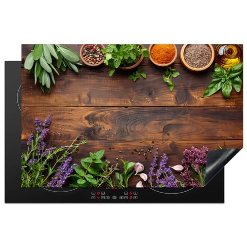 KitchenYeah© Herdabdeckplatte Einteilig Küche Abdeckplatten für Herd Abdeckung Induktionskochfeld Ceranfeld Aufrollbare Matte Lavendel - Blumen - Kräuter - Gewürze - Holzschnitt - 80x52 cm von KitchenYeah