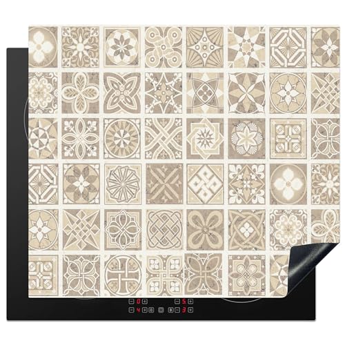 KitchenYeah© Herdabdeckplatte Einteilig Ceranfeld Abdeckplatte für Induktionsschutz Ceranfeldabdeckung Vinyl Herdabdeckplatten Mosaik - Vintage - Beige - Muster - Blumen - 58x51 cm von KitchenYeah