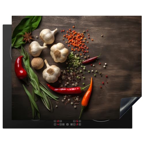 KitchenYeah© Herdabdeckplatte Einteilig Ceranfeld Abdeckplatte für Induktionsschutz Ceranfeldabdeckung Vinyl Herdabdeckplatten Pfeffer - Gewürze - Knoblauch - Holzdruck - Kräuter - 65x52 cm von KitchenYeah